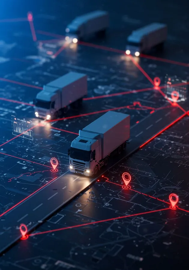 Trucks tracked by an AI routing overlay